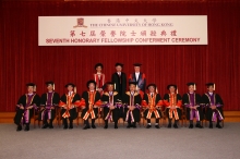 Group photo of the four honorary fellows, Professor Edgar Cheng, Chairman of the Council (5th from the left, front row), Professor Lawrence J. Lau, Vice-Chancellor (5th from the right, front row) and four Pro-Vice-Chancellors.