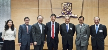 Prof. Cheng Siwei (third from right) is warmly received by CUHK Vice-Chancellor Prof. Joseph Sung (middle) and representatives of the University, including (second and third from left) Prof. Wong Tak-jun, Dean of Business Administration; Prof. Jack Cheng, Pro-Vice-Chancellor; (second and first from right) Prof. Benjamin Wah, Provost; and Prof. Michael Hui, Pro-Vice-Chancellor