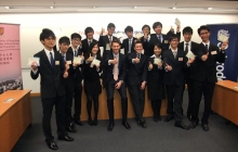 A group photo of Mr. Lieven Debruyne (fifth left, first row), CEO, Schroders Hong Kong, and Prof. Wong Tak-jun (sixth left, first row), Dean, Faculty of Business Administration, CUHK, with all CUHK winning teams.