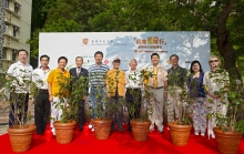 Kick off ceremony of 'We Care' Walkathon cum Tree Planting Day performed by Prof. Joseph Sung (5th from the left), CUHK Vice-Chancellor; Mr. Lau Sai Yung, Chairman, CUHK Convocation (6th from the right); Prof. TF Fok, Dean of Medicine (3rd from the right); Prof. Diana Lee, Director, Nethersole School of Nursing (2nd from the right); Prof. Sian Griffiths, Director, School of Public Health and Primary Care (1st from the right); Prof. Antony T C Chan, Chairman of 30th Anniversary Organizing Committee, Faculty of Medicine (1st from the left); Dr. WT Siu, Chairperson, CUHK Medical Alumni Association (2nd from the left); and representative of major sponsors of the event.