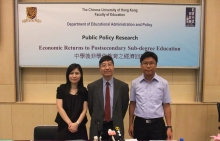 Prof. Chung Yue-ping (middle), Department of Educational Administration and Policy, Faculty of Education, and his research assistants, Candy Ko Yuk-lin (left) and Ricky Cheng Kwan-kit