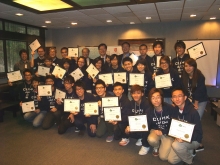 Prof. K.F. Wong, Associate Dean of Engineering; Prof. Ng Cheuk-yiu, Dean of Science; and Prof. Chu Ka-hou, Director of School of Life Sciences (4th right to 6th right, back row) present certificates to the winning students