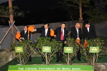 (From left) Dr. Tzu-leung Ho; Prof. Benjamin Wah, Acting Vice-Chancellor; Dr. Vincent Cheng; Prof. Samuel Sun; and Mr. Wayne Hung, student representative of the College, water the trees after they are planted.