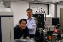 Prof. Wong Kam Bo (right) and his graduate student, Ivan Fong, with the X-ray diffractometer.