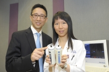 Prof. Chan Lik Yuen Henry and Prof. Wong Lai Hung Grace show the new XL probe (left) and the regular M probe (right) of Fibroscan