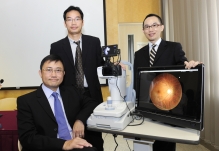 (From left) Prof. Benny Chung Ying ZEE, Dr Jack Jock Wai LEE and Prof. Vincent Chung Tong MOK show the automatic retinal image analysis system.