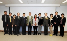 Prof. T. F. Fok, Dean of Medicine, CUHK (7th right); Dr. Bee Wee, Head of Palliative Care Research and Development, Senior Clinical Lecture in Palliative Care, Sir Micheal Sobell House, University of Oxford (6th right); Prof. T. M. Chan, Associate Dean (External Relations), Li Ka Shing Faculty of Medicine, HKU (5th right); Dr. Cheung Wai Lun, Director (Cluster Services), Hospital Authority (4th right); Dr. Katherine Lo (3rd right) and Dr. Chan Yu (1st right), Li Ka Shing Foundation; take a group photo with the representatives from various cluster hospitals and hospice centres.