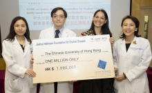 Joshua Hellmann Foundation for Orphan Diseasepledges to donateHK$1 million to CUHK for the launch of Newborn Metabolism Screening Program. Mrs. Christina Hellman (2ndright) presents a cheque to Dr. Liz Yuet Ping Yuen (1st left), Professor Tak Yeung Leung (2nd left) and Dr. Joannie HUI (1st right).