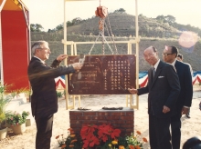 The Shaw College was founded by Dr. the Honourable Run Run Shaw.  The Foundation Stone Laying Ceremony was held in January 1987 and officiated by Dr. Shaw (2nd right) and Sir David Akers-Jones, the then Acting Governor. (1st right was Dr. Lee Quo-wei, the then CUHK Council Chairman)