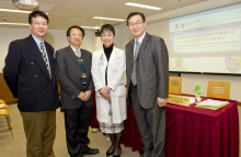 (From right) Prof. Y. K. Wing, Professor, Department of Psychiatry, CUHK; Prof. Alice Kong, Associate Professor, Division of Endocrinology and Diabetes, Department of Medicine and Therapeutics, CUHK; Mr. C. H. Kwok, Principal, Assembly of God Hebron Secondary School; and Prof. Albert Martin Li, Professor, Department of Paediatrics, CUHK introduce the findings of the ‘Healthy Sleep, Healthy School Life’ sleep education and intervention programme.