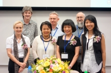 Heads of English teaching centres from seven local higher education institutes. (Back row from left) Dr. Bruce Morrison, Hong Kong Polytechnic University; Dr. Arthur Mcneill, Hong Kong University of Science and Technology; Dr. David Gardner, University of Hong Kong; (front row from left) Mrs. Fiona Jane Williams, City University of Hong Kong; Ms. Rebecca Pang, Lingnan University; Dr. Jose Lai, CUHK; and Ms. Blanche Chu, Hong Kong Institute of Education.