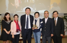 (From left) Prof. Wong Nim Yan, Department of Chinese Language and Literature, CUHK; Ms. Cynthia Mong, Director of Shun Hing Electronic Trading Co. Ltd.; Prof. Joseph Sung, Vice-Chancellor of CUHK; Ms. Sylvia Chang;  Mr. David Mong, Vice Chairman of Shun Hing Group; and Prof. Leung Yuen Sang, Dean of Arts, CUHK.