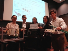 The Gold Award goes to a team from CUHK for their project on ‘Surgical Robotic System for Endoscopic Submucosal Dissection’ led by Ka-chun LAU (1st right) and Esther LEUNG (2nd left), PhD students of Mechanical and Automated Engineering.