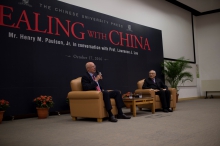 Mr. Henry M. Paulson, Jr. (left) and Prof. Lawrence J. Lau have a conversation at CUHK.