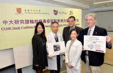 CUHK study confirms that rotavirus vaccines are highly effective for Hong Kong children.  (From left) Ms. Karene Hoi Ting YEUNG, Postgraduate student, Department of Paediatrics, CUHK; Prof. Paul Kay Sheung CHAN, Chairman of the Department of Microbiology, CUHK; Dr. James HEFFELFINGER, Lead in New Vaccines, Expanded Programme on Immunisation Unit, Western Pacific Regional Office of WHO; Dr. Kate Ching Ching CHAN, Assistant Professor, Department of Paediatrics, CUHK; and Prof. Tony NELSON, Clinical Professional Consultant, Department of Paediatrics, CUHK.