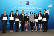 Prof. Kalok Chan, Dean of CUHK Business School (fourth from left) and Wei Lun Professor of Finance; Prof. Wong Suk-ying, Associate Vice-President of CUHK (middle); Ms Angel Ng, Country Business Manager, Hong Kong, Citibank Global Consumer Banking (sixth from left) ; and six students who won this year's Outstanding Achievement Award pose for a group photo. From left to right, the students are: Chuen Ga-hou [Quantitative Finance (QFN), Year-3], Christie Leung Sik-yin (Global Economics and Finance, Year-2), Wallace Lee Siu-fung (QFN, Year-2), Helen Chung Tsz-shan [Professional Accountancy (PACC), Year-4], Chloris Yeung Ho-ching (PACC, Year-3) and Sebastien Yang Chih-chun (Global Business Studies, Year-3).