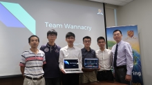 (From left) Prof. Zhang Kehuan, Assistant Professor, Department of Information Engineering; Tong Cham Fei, Year 4 student, Department of Computer Science and Engineering; Leung Shing Yuet, Year 4 student, Department of Information Engineering; Wang Xianbo and Zeng Yihui, 2017 graduates, Department of Mathematices; and Prof. Lau Wing Cheong, Associate Professor, Department of Information Engineering, CUHK.