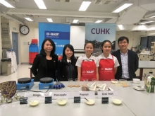 Tiffany Wai (2nd right) and Clara Hui (middle), the winning pair in the 2017 Kids’ Lab Experiment Challenge and Form 5 students from Marymount Secondary School, pose for a group photo with their teacher Ms. Jane Chung (2nd left), Ms. Daisy Lam, Wai-man, Head of Marketing Communications, Corporate Affairs Asia Pacific, BASF (1st left), and Prof. To Ngai, Professor of the Chemistry Department of CUHK.