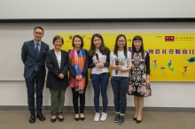 (From left) A group photo of Prof. Edwin Chan, Associate Vice-President and University Dean of Students of CUHK, Prof. Joyce Ma, Co-Chairman of the Steering Committee for Promoting Personal Development through Social and Civic Engagement, Ms. Heidi Kwok, Assistant Project Manager of Chow Tai Fook Charity Foundation, Miss Liu Ka Yan and Miss Ho Tin Lai, members of the Organising Committee of the I·CARE Social Service Day: Playing a University Student for a Day, and Ms. Irene Ng, Director of I·CARE Centre for Whole-person Development