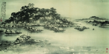 赵少昂（1905–1998）
香港大埔坳山水
1967 年
水墨设色纸本横幅
96 x 185.2 厘米
香港中文大学文物馆藏
藏品编号：1992.0170
赵少昂教授惠赠
释文：极目渔家聚此间，不闻理乱自优闲。日常湖海生涯惯，时有歌声起隔山。曩过大埔坳，得此画稿，丁未二月，少昂画就并题二十八字。