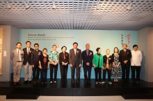 (From left) Dr. Phil Chan, Research-Assistant Curator (Painting and Calligraphy) of the Art Museum, CUHK; Professor Josh Yiu, Director of the Art Museum, CUHK; Mr. Lo Kwan Chi, Chairman of The Alumni Association of Fine Arts Department, CUHK; Ting Lai Ting; Ting Lan Sai; Professor Mayching Kao, former Professor of Fine Arts and former Director of the Art Museum, CUHK; Professor Benjamin W. Wah, Provost, CUHK; Professor Lee Yun-woon, former Chairman of the Department of Fine Arts, CUHK; Ting Lo Sai; Ting Lai Kar; Professor Wan Chui Ki, Acting Chairman of the Department of Fine Arts, CUHK; Professor Henry N.C. Wong, Head of New Asia College, CUHK; Professor Leung Yuen-sang, Director of the Institute of Chinese Studies, CUHK officiate at the ribbon-cutting ceremony for the exhibition.