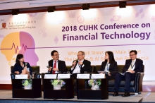 Ms Alice CHUCK (2nd from right), Haitong International Securities Group Limited joined Prof. CHEN Nan (2nd from left), Prof. Calvin CHAN (middle) and Prof. Jimmy LEE (1st from right), from CUHK, in a panel discussion session exploring the talent training by universities and the needs of the Fintech industry.