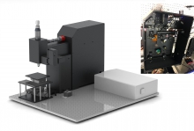 Researchers have developed a system that increases the imaging speed of two-photon microscopy up to three to five times without compromising resolution. On the left is a CAD model of the compact, custom built, two-photon microscopy system. The free-space optics inside are pictured on the right.