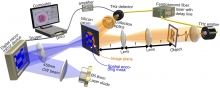 Optical set up for single-pixel transmission imaging of object R.