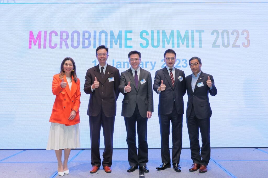 (From left) Featured are officiating guests of the Microbiome Summit 2023: Professor Siew Ng, Director of MagIC; Professor John Chai, Chairman of the CUHK Council; Professor Sun Dong, Secretary for Innovation, Technology and Industry; Professor Francis Chan, Dean of CU Medicine; and Mr Albert Wong, CEO of HKSTP.