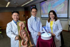 CU Medicine conducted a triple-blind, randomised, placebo-controlled clinical trial and showed that modulation of the gut microbiome using oral microencapsulated live bacteria (SIM01) developed by CUHK led to improvement in long COVID symptoms.<br />
<br />
(From left) Professor Martin Wong, Professor from The Jockey Club School of Public Health and Primary Care; Professor Francis KL Chan, Dean of Medicine and Director of the Centre for Gut Microbiota Research, at CU Medicine; and Professor Siew Ng, CU Medicine’s Croucher Professor of Medical Sciences and Director of Microbiota I-Center (MagIC).