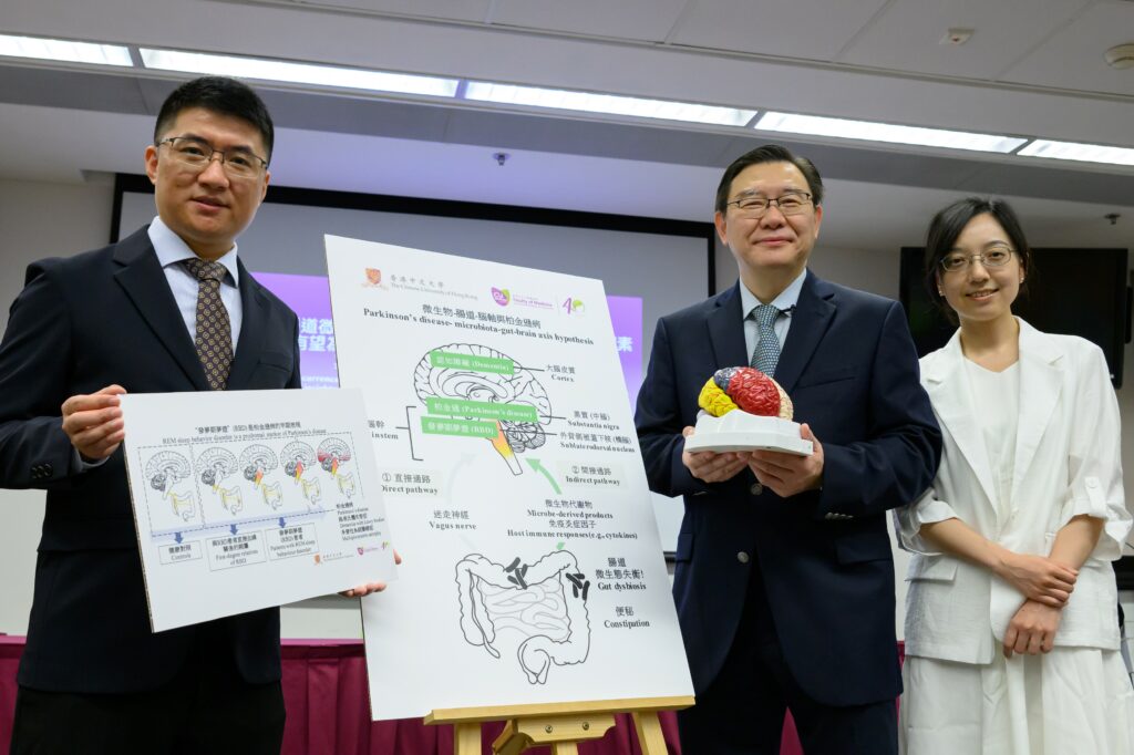 A CU Medicine study discovered that patients with rapid eye movement sleep behaviour disorder (RBD), as well as their first-degree relatives, suffer gut microbiome dysbiosis similar to that of Parkinson’s Disease (PD) patients. This reveals that gut microbiome dysbiosis is a risk factor at the very early stage of PD. <br />
From left: Professor Liu Yaping, Adjunct Assistant Professor; Professor Wing Yun-kwok, Chairman; and Professor Huang Bei, Research Assistant Professor, from the Department of Psychiatry at CU Medicine.