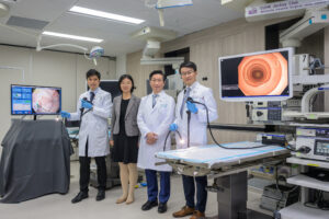 CU Medicine has recently completed two studies on artificial intelligence (AI)-assisted endoscopic technology, proving it has the potential to enhance performance in the diagnosis and treatment of gastrointestinal (GI) cancer, as well as to assist doctor training in endoscopy. (From left) Dr Yip Hon-chi, Professor Dou Qi, Professor Philip Chiu Wai-yan and Dr Louis Lau Ho-shing.