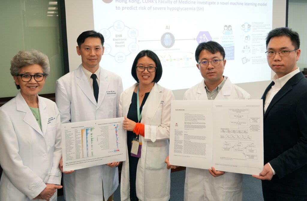 CU Medicine’s research team developed a novel machine learning model that can predict the risk of severe hypoglycemia in the next 12 months among older adults with diabetes, using the big dataset from the Hospital Authority Data Collaboration Laboratory. With a high positive predictive value of 85%, the model has the potential to be integrated into electronic health record decision support systems for pre-emptive intervention in older adults at the highest risk.<br />
Featured in the photo are the research team members. (From left) Professor Juliana Chan, Chair Professor of Medicine and Therapeutics at CU Medicine; Dr Jones Chan, Consultant, Department of Medicine and Therapeutics at Prince of Wales Hospital; Dr Elaine Chow, Associate Professor; Dr Yang Aimin, Research Assistant Professor; and Dr Shi Mai, Research Associate, from the Department of Medicine and Therapeutics at CU Medicine.