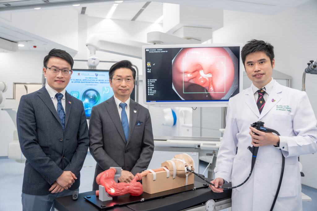 CU Medicine recently became the foothold of the world’s first centre to test a novel AI-powered upper gastrointestinal endoscopy system for detecting gastric cancers. Research team members include (from left) Dr Louis Lau, Assistant Professor in the Department of Medicine and Therapeutics; Professor Philip Chiu Wai-yan, Dean of CU Medicine; and Dr Yip Hon-chi, Assistant Professor in the Department of Surgery at CU Medicine.