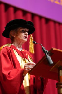 Professor Dame Nancy Rothwell delivers an acceptance speech.