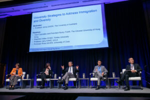 Professor Rocky S. Tuan (middle) speaks on university strategy to address immigration and diversity at the APRU Annual Presidents' Meeting in June 2019.