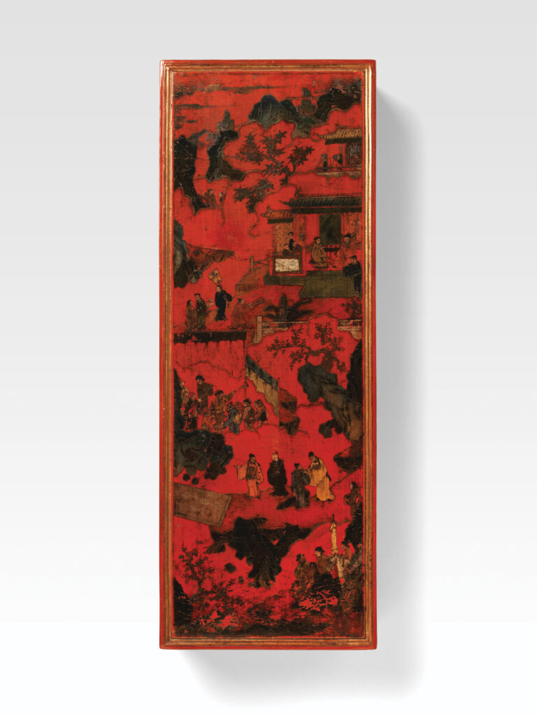 Rectangular box with scene of a recep-tion<br />
Late Ming to early Qing (17th century)<br />
Length: 70.5 cm; width: 26 cm; height: 10.8 cm<br />
Collection of The Metropolitan Museum of Art, New York (Gift of Florence and Her-bert Irving, 2015.500.1.62a, b)