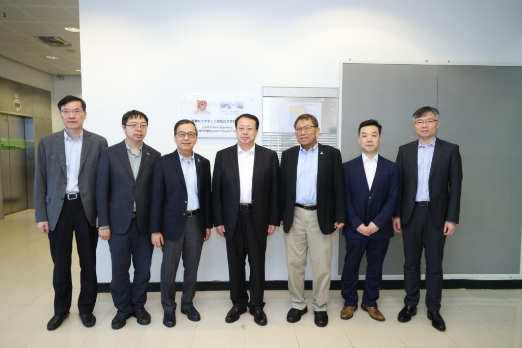 (From left to right) Mr Ma Chunlei, Secretary General of the Shanghai Municipal Government; Professor Lin Dahua, Director of CUHK Artificial Intelligence and Interdisciplinary Research Institute; Professor Alan K.L. Chan, Provost of CUHK; Mr Gong Zheng, Shanghai Mayor; Professor Rocky S. Tuan, Vice-Chancellor and President of CUHK; Professor Qiao Yu of the Shanghai Artificial Intelligence Laboratory; and Mr Luo Dajin, Director of the Science and Technology Commission of Shanghai Municipality.