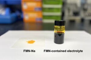 分子催化劑（FMN-Na，左側橙色粉末）和含有分子催化劑的多硫化物電解液（右側液體）。