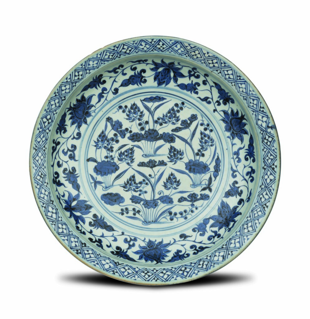 Plate with lotus pond scene in underglaze blue<br />
Jingdezhen ware, Jiangxi province<br />
Late Yuan dynasty (c.1320-1368)<br />
Gift of Friends of the Art Museum<br />
Acc. no.: 1985.0121