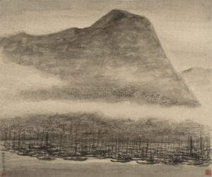 Below Victoria Peak<br />
Wong Po-yeh (1901–1968)<br />
Undated<br />
Ink on gold-flecked paper<br />
Acc. no.: 1995.0585<br />
Gift of Mr T.S. Wong