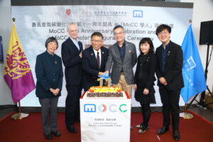 Officiating at the MoCC’s 11th Anniversary Ceremony are (from left) Dr Rebecca Lee, Founder, Polar Museum Foundation; Professor Nick Rawlins, Pro-Vice-Chancellor (Student Experience) of CUHK; Professor Rocky S Tuan, Vice-Chancellor and President of CUHK; Dr Lam Ching-choi, Chairman, Council for Carbon Neutrality and Sustainable Development; Mrs Cecilia Lam, Director, Jockey Club Museum of Climate Change, CUHK; and Dr Henry Hung, MoCC Scholar, Jockey Club Museum of Climate Change, CUHK.