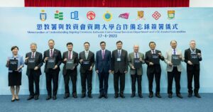 (From left) The President of the Hong Kong University of Science and Technology, Professor Nancy Ip; the President of the Education University of Hong Kong, Professor Stephen Cheung; the President and Vice-Chancellor of Hong Kong Baptist University, Professor Alexander Wai; the Convenor of the Heads of Universities Committee and the President of Lingnan University, Professor Leonard Cheng; the Commissioner of Correctional Services, Mr Wong Kwok-hing; the Secretary for Security, Mr Tang Ping-keung; the Chairman of the Research Grants Council, Professor Wong Yuk-shan; the Acting President of City University of Hong Kong, Professor Chan Chi-hou; the Vice-Chancellor and President of The Chinese University of Hong Kong, Professor Rocky Tuan; the Deputy President and Provost of the Hong Kong Polytechnic University, Professor Wong Wing-tak; and the Vice-President and Pro-Vice-Chancellor (Teaching and Learning) of the University of Hong Kong, Professor Ian Holliday, at the signing ceremony.