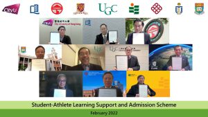 In support of the SALSA Scheme, Professor Rocky S. Tuan, Vice-Chancellor and President of CUHK (2nd row, 1st right) signs a signifying document with Professor James Tang, Secretary-General of the UGC (2nd row, 2nd right), in the presence of Mr Carlson Tong, Chairman of the UGC (2nd row, 2nd left).