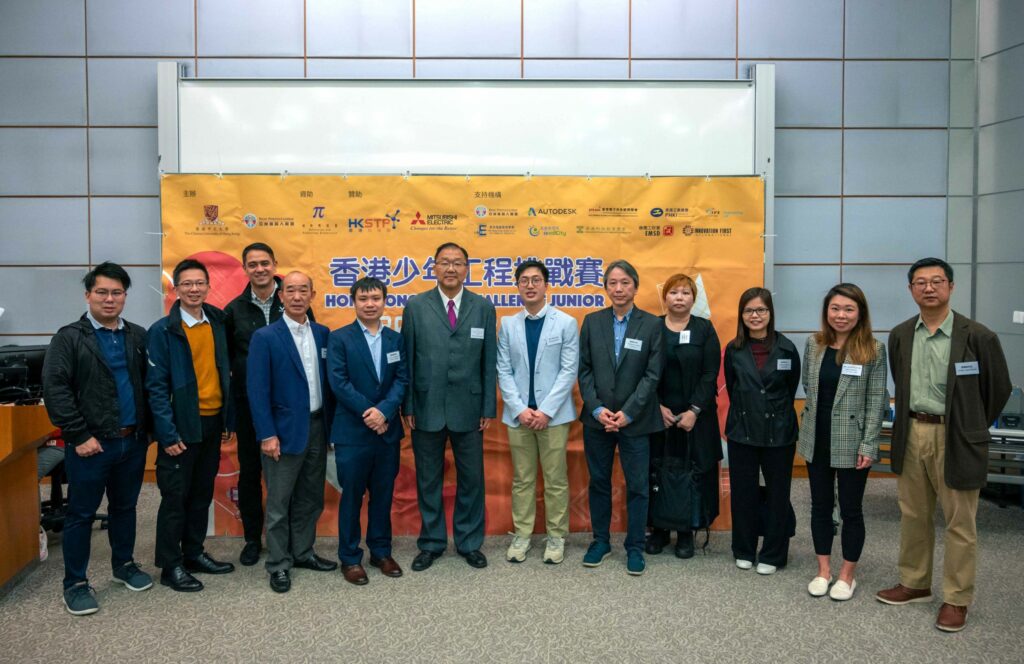 The officiating guests and award presenters of the event, including: Professor Wong Kam-fai, Associate Dean (External Affairs) of the Faculty of Engineering and Director of CINTEC (sixth from left); Professor Lau Tat-ming, Assistant Dean of the Faculty of Engineering, Associate Director and Project Director of CINTEC (fifth from left); Mr Leung Chung Ming, Chairman of the Asian Robotics League (fourth from left); Ms Jennifer Leung, STP Platform Manager of Hong Kong Science & Technology Parks Corporation (second from right); Ms Esther Lam, Manager of Corporate Communications Department of Mitsubishi Electric (Hong Kong) Limited (third from right); Mr Tsang Hing Lung, Chairman (China) of the Asian Robotics League (far right); Mr Andy Lee, Chairman of the Innovation First International HK Ltd (third from left).