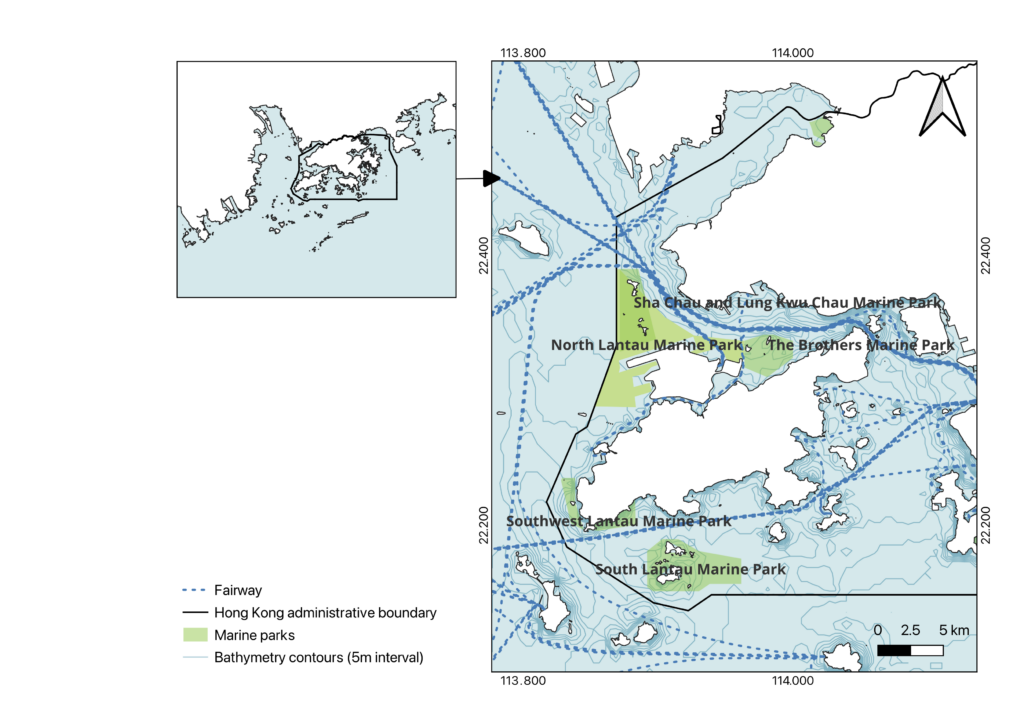 A map illustrates the high-speed vessel routes (blue lines) and coastal protected areas (green zones) in Lantau waters, which are in close proximity.