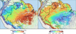 左圖展示了八月熱帶雨林的林下溫度，右圖則顯示了同月林下溫度與衛星量度的林上露天環境溫度之間的差異。